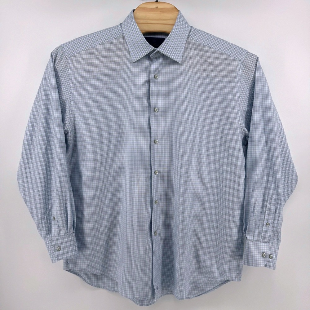 David Donahue Button Dress Shirt Sz 17 34/35 Blue Green Reg Fit Tattersall Check - Picture 2 of 10